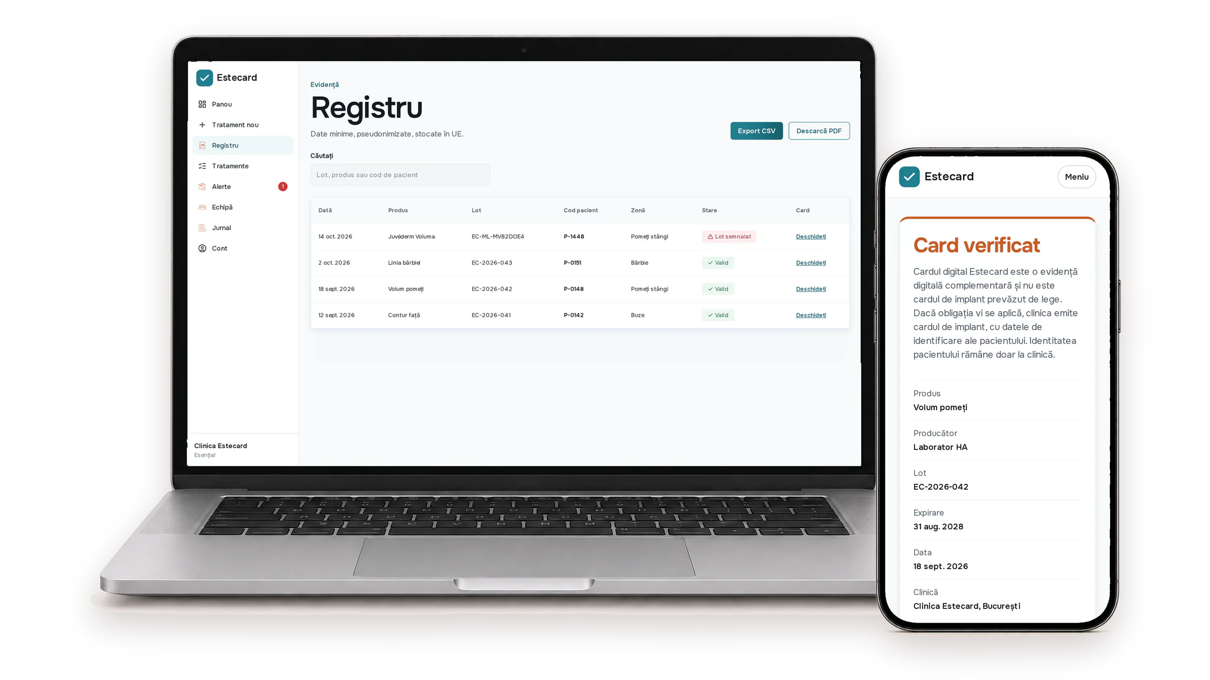Laptop cu registrul clinicii și telefon cu cardul digital Estecard.